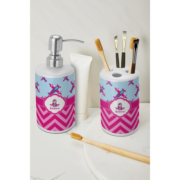 Airplane Theme - for Girls Ceramic Bathroom Accessories - LIFESTYLE (toothbrush holder & soap dispenser)