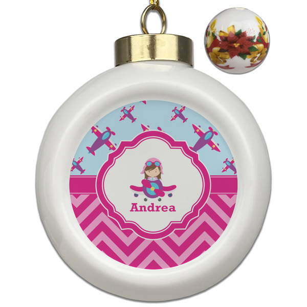 Custom Airplane Theme - for Girls Ceramic Ball Ornaments - Poinsettia Garland (Personalized)