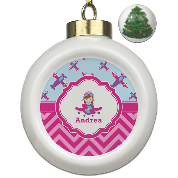 Custom Airplane Theme - for Girls Ceramic Ball Ornament - Christmas Tree (Personalized)