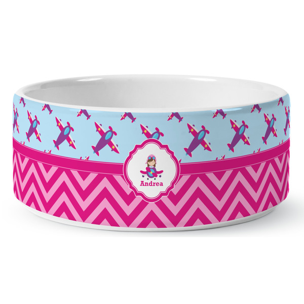 Airplane Theme - for Girls Ceramic Dog Bowl - Medium - Front