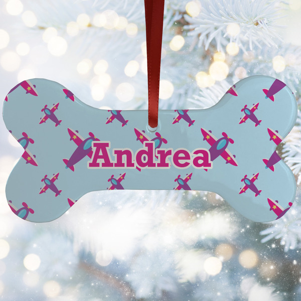 Custom Airplane Theme - for Girls Ceramic Dog Ornament w/ Name or Text