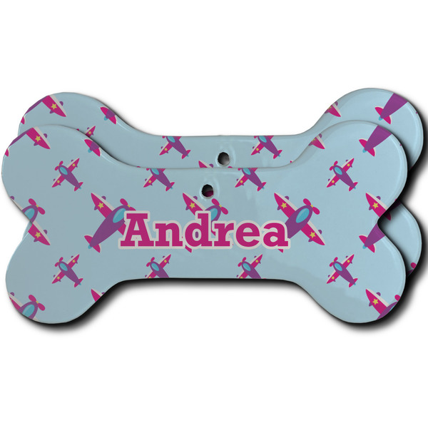 Custom Airplane Theme - for Girls Ceramic Dog Ornament - Front & Back w/ Name or Text