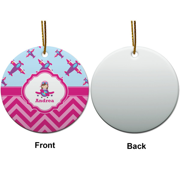 Airplane Theme - for Girls Ceramic Flat Ornament - Circle Front & Back (APPROVAL)