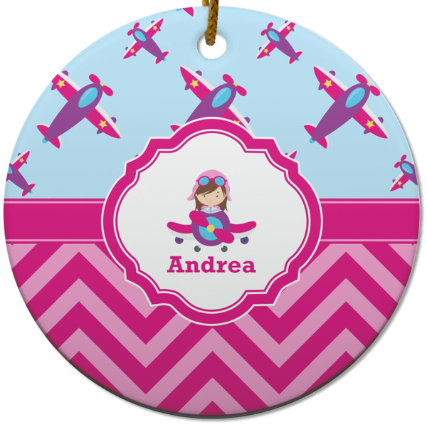 Custom Airplane Theme - for Girls Round Ceramic Ornament w/ Name or Text