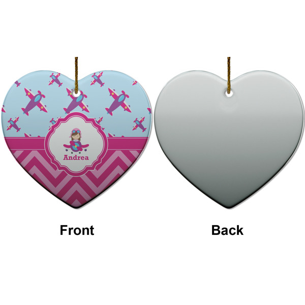 Airplane Theme - for Girls Ceramic Flat Ornament - Heart Front & Back (APPROVAL)
