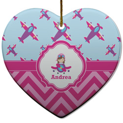 Airplane Theme - for Girls Heart Ceramic Ornament w/ Name or Text