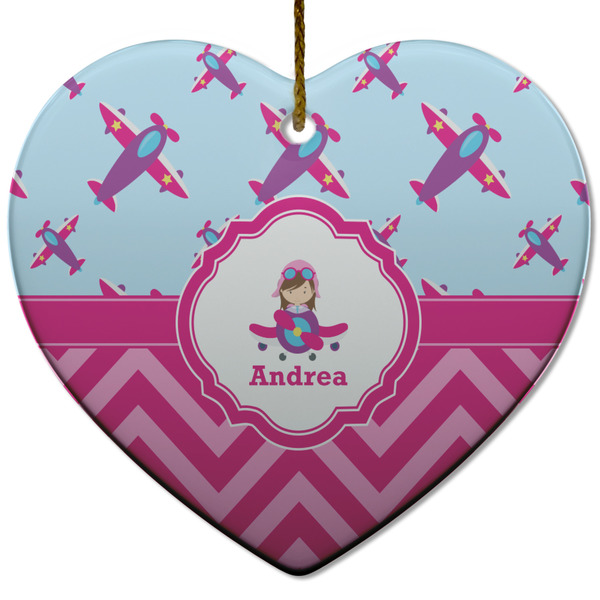 Custom Airplane Theme - for Girls Heart Ceramic Ornament w/ Name or Text