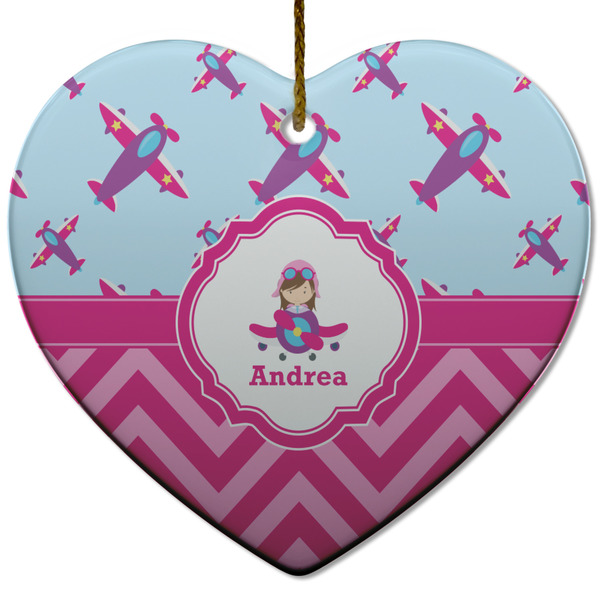 Airplane Theme - for Girls Ceramic Flat Ornament - Heart (Front)