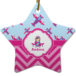 Airplane Theme - for Girls Star Ceramic Ornament w/ Name or Text
