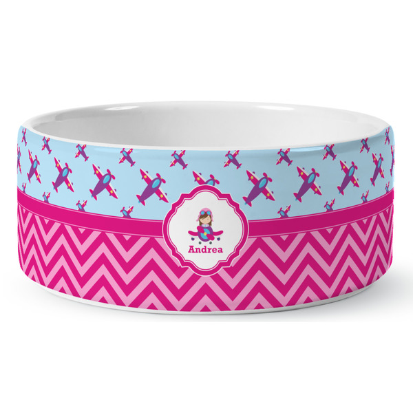 Custom Airplane Theme - for Girls Ceramic Dog Bowl - Large (Personalized)