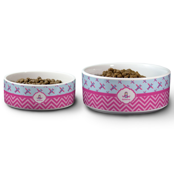 Airplane Theme - for Girls Ceramic Dog Bowls - Size Comparison