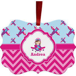 Airplane Theme - for Girls Metal Frame Ornament - Double Sided w/ Name or Text