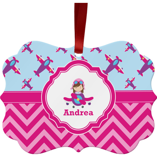 Custom Airplane Theme - for Girls Metal Frame Ornament - Double Sided w/ Name or Text