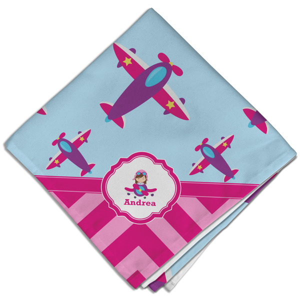 Custom Airplane Theme - for Girls Cloth Dinner Napkin - Single w/ Name or Text