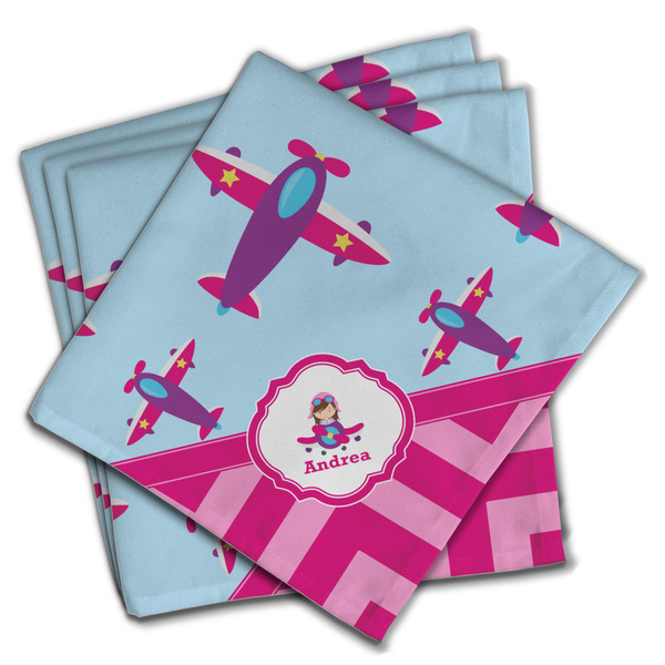 Custom Airplane Theme - for Girls Cloth Napkins (Set of 4) (Personalized)