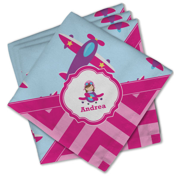 Custom Airplane Theme - for Girls Cloth Cocktail Napkins - Set of 4 w/ Name or Text