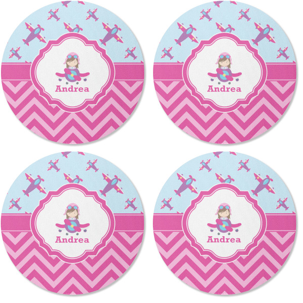 Airplane Theme - for Girls Coaster Round Rubber Back - Apvl