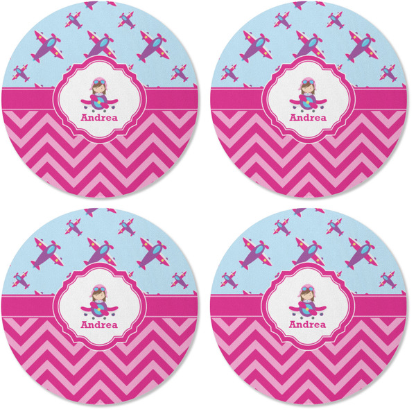 Airplane Theme - for Girls Coaster Round Rubber Back - Apvl