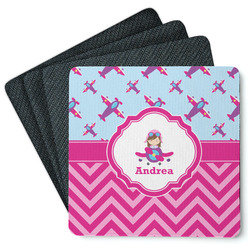 Airplane Theme - for Girls Square Rubber Backed Coasters - Set of 4 (Personalized)