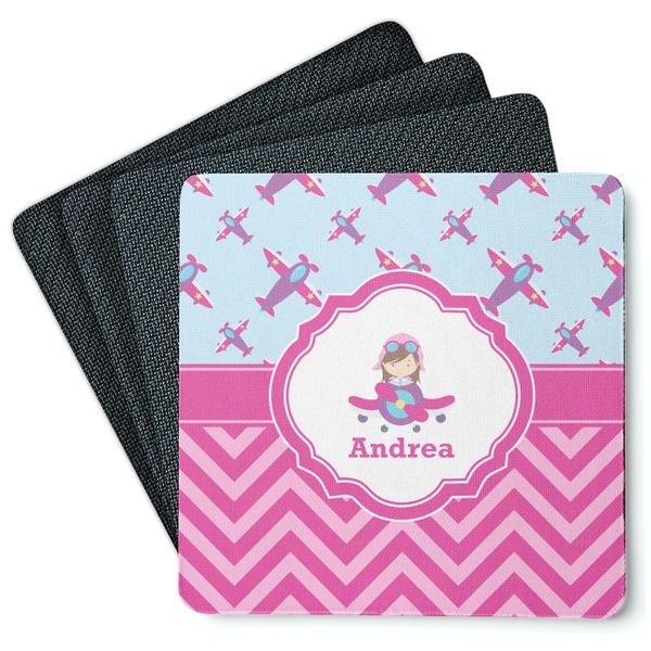 Custom Airplane Theme - for Girls Square Rubber Backed Coasters - Set of 4 (Personalized)