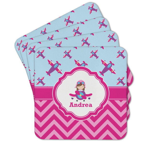 Custom Airplane Theme - for Girls Cork Coaster - Set of 4 w/ Name or Text