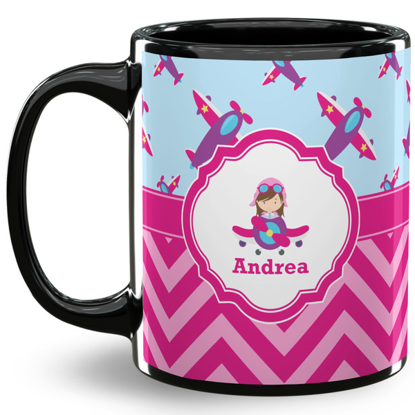 Custom Airplane Theme - for Girls 11 Oz Coffee Mug - Black (Personalized)