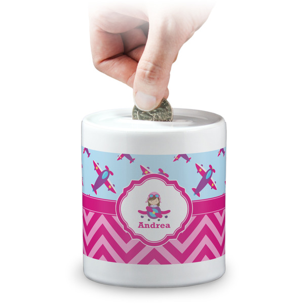 Custom Airplane Theme - for Girls Coin Bank (Personalized)