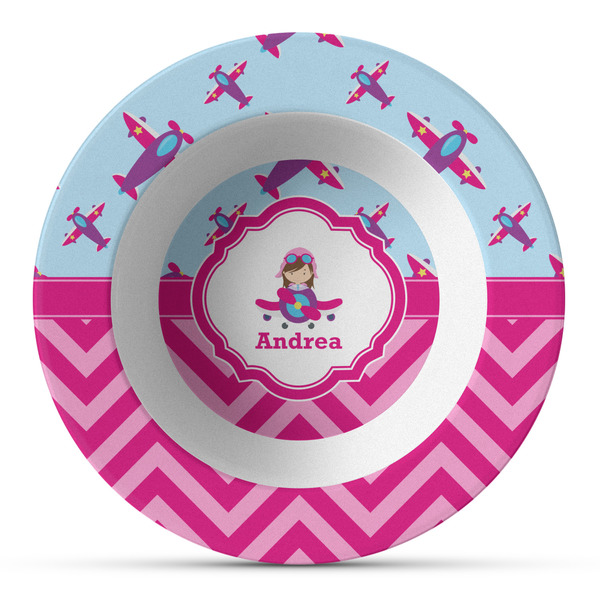 Custom Airplane Theme - for Girls Plastic Bowl - Microwave Safe - Composite Polymer (Personalized)