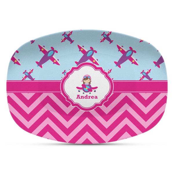 Custom Airplane Theme - for Girls Plastic Platter - Microwave & Oven Safe Composite Polymer (Personalized)