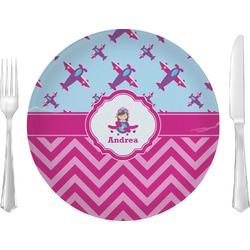 Airplane Theme - for Girls 10" Glass Lunch / Dinner Plates - Single or Set (Personalized)