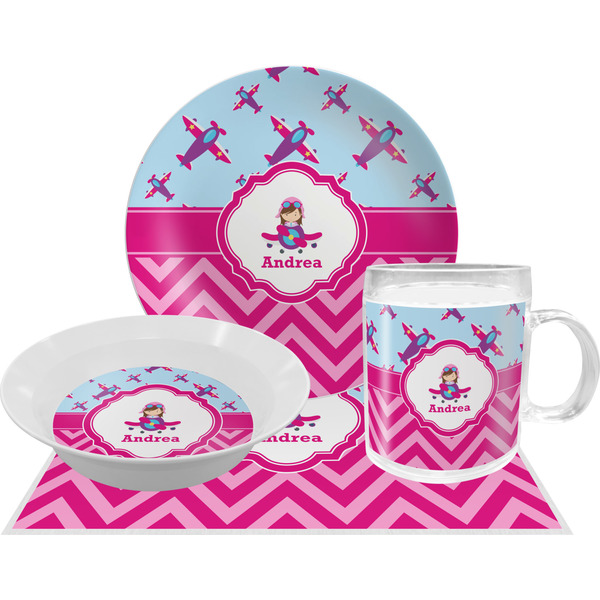 Custom Airplane Theme - for Girls Dinner Set - Single 4 Pc Setting w/ Name or Text
