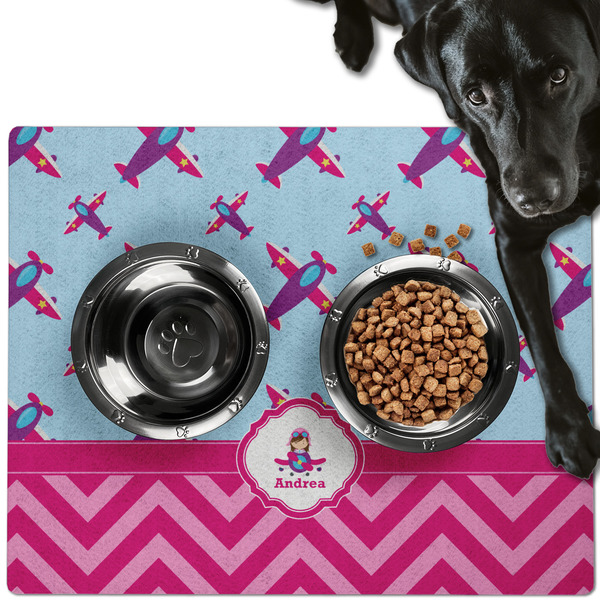 Custom Airplane Theme - for Girls Dog Food Mat - Large w/ Name or Text
