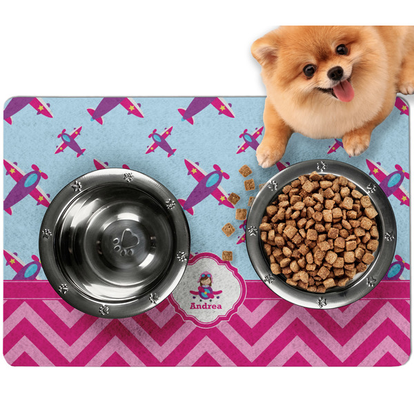 Custom Airplane Theme - for Girls Dog Food Mat - Small w/ Name or Text