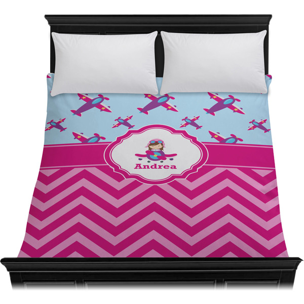 Airplane Theme - for Girls Duvet Cover - Queen - On Bed - No Prop
