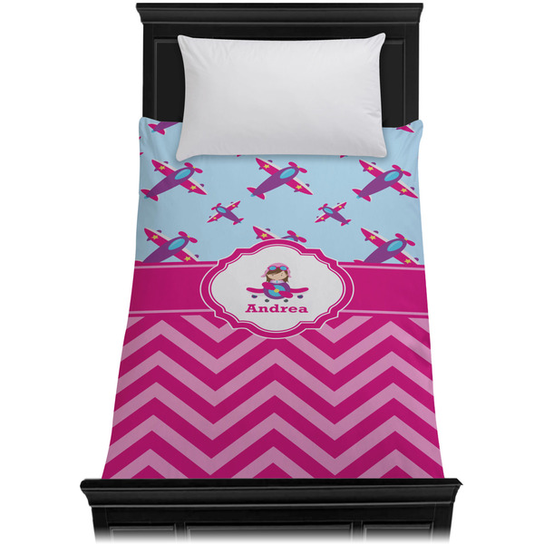 Airplane Theme - for Girls Duvet Cover - Twin - On Bed - No Prop