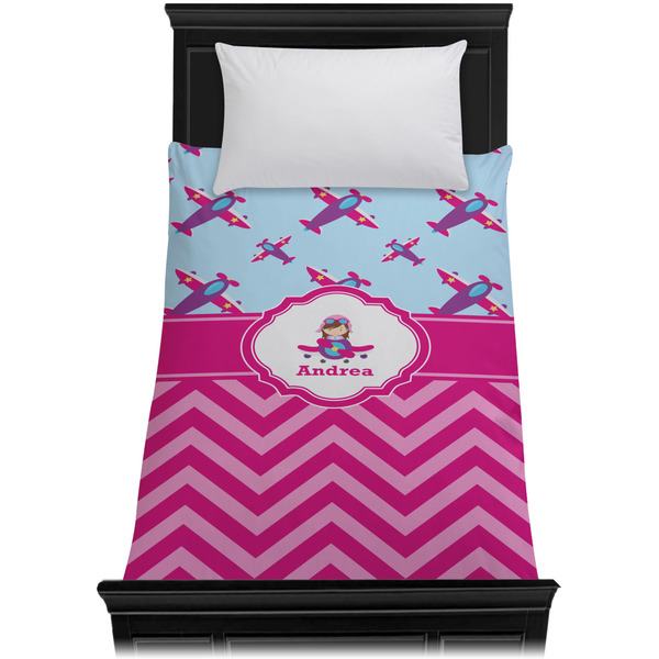 Airplane Theme - for Girls Duvet Cover - Twin XL - On Bed - No Prop