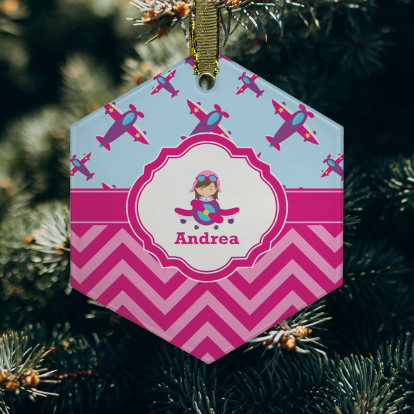 Airplane Theme - for Girls Frosted Glass Ornament - Hexagon (Lifestyle)