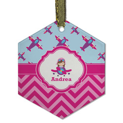 Airplane Theme - for Girls Flat Glass Ornament - Hexagon w/ Name or Text