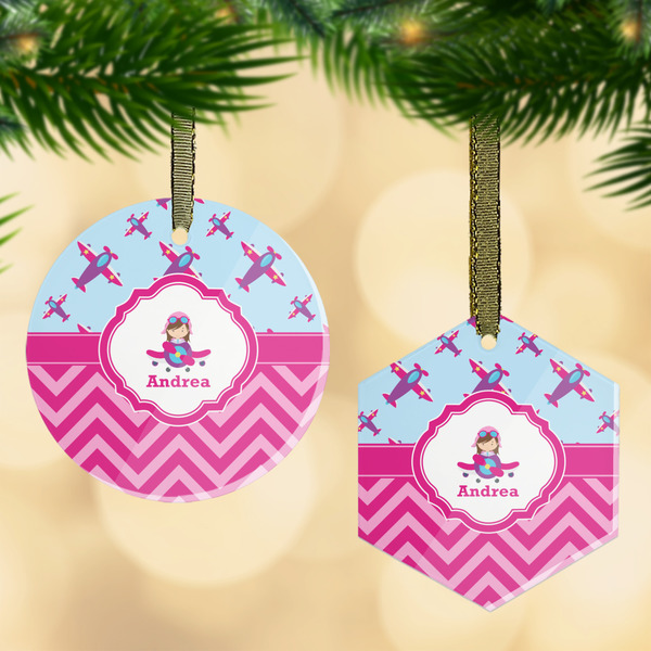 Custom Airplane Theme - for Girls Flat Glass Ornament w/ Name or Text