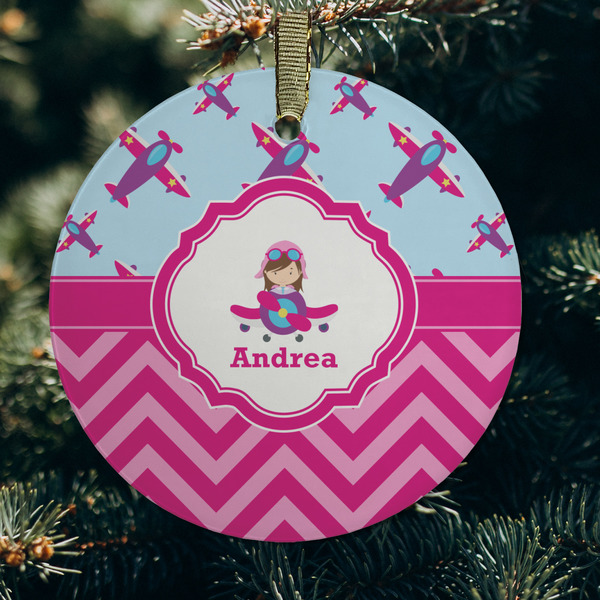 Airplane Theme - for Girls Frosted Glass Ornament - Round (Lifestyle)