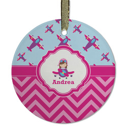 Airplane Theme - for Girls Flat Glass Ornament - Round w/ Name or Text