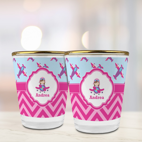 Airplane Theme - for Girls Glass Shot Glass - with gold rim - LIFESTYLE