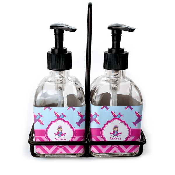 Custom Airplane Theme - for Girls Glass Soap & Lotion Bottle Set (Personalized)