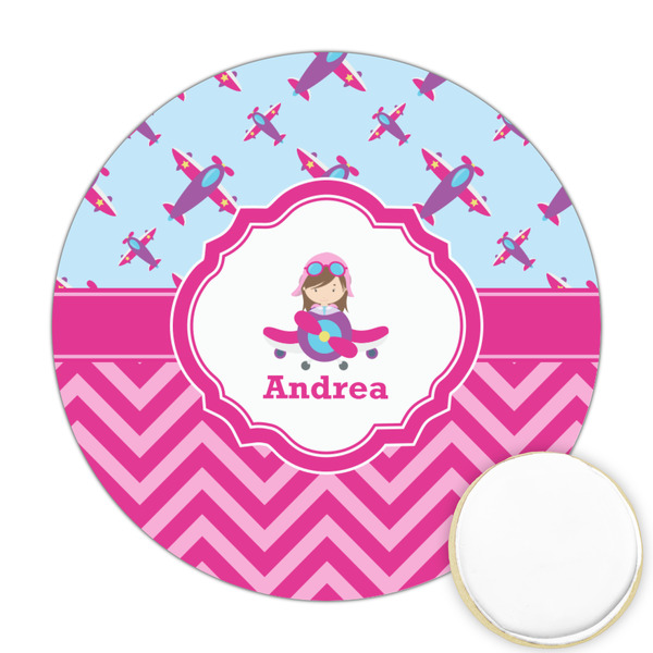 Custom Airplane Theme - for Girls Printed Cookie Topper - Round (Personalized)