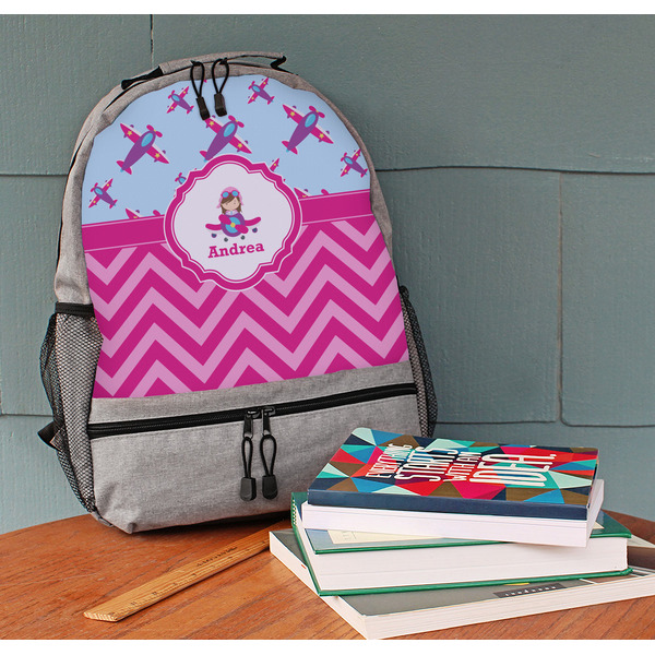 Airplane Theme - for Girls Large Backpack - Gray - On Desk