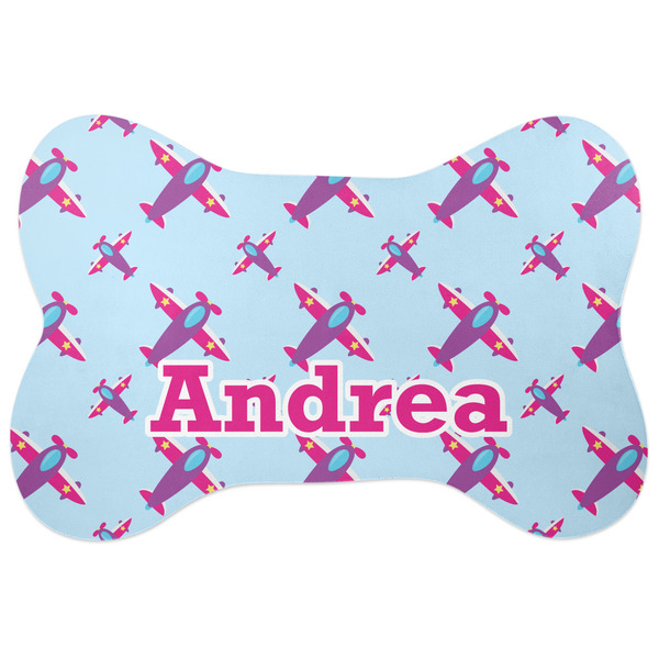 Custom Airplane Theme - for Girls Bone Shaped Dog Food Mat (Large) (Personalized)