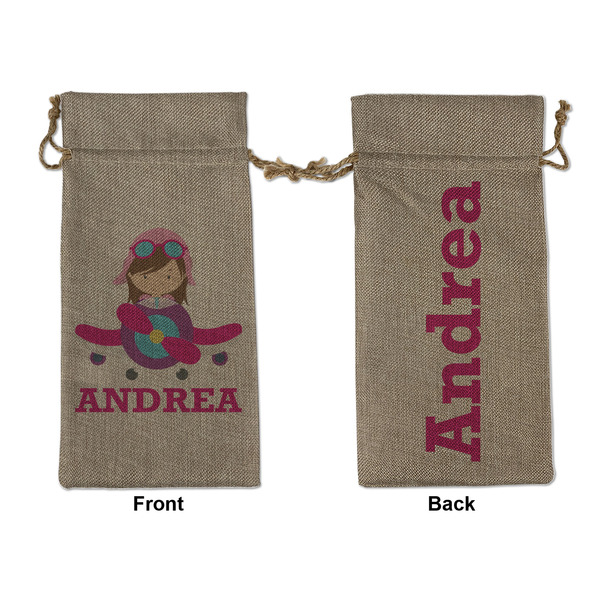Custom Airplane Theme - for Girls Large Burlap Gift Bag - Front & Back (Personalized)