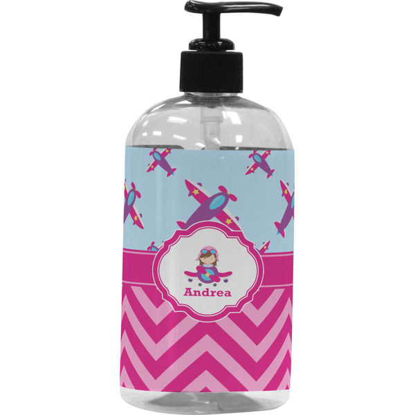 Custom Airplane Theme - for Girls Plastic Soap / Lotion Dispenser (16 oz - Large - Black) (Personalized)