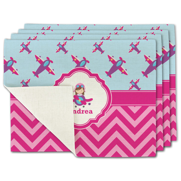 Custom Airplane Theme - for Girls Single-Sided Linen Placemat - Set of 4 w/ Name or Text