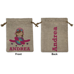 Airplane Theme - for Girls Medium Burlap Gift Bag - Front & Back (Personalized)